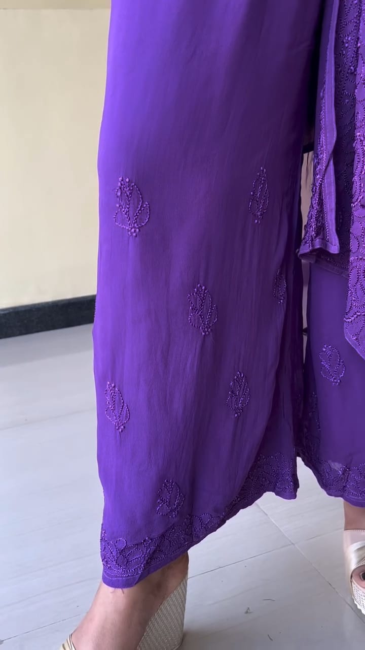 Nishita Purple Chikankari Kurta Palazzo Dupatta Set