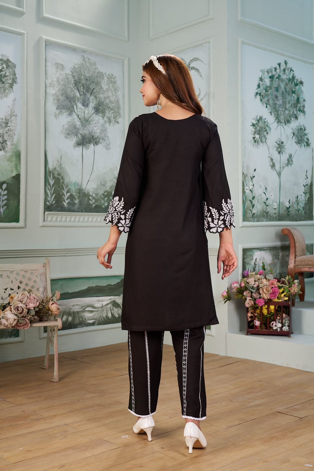 Ishani Black Chikan Embroidery Kurti Pant Set