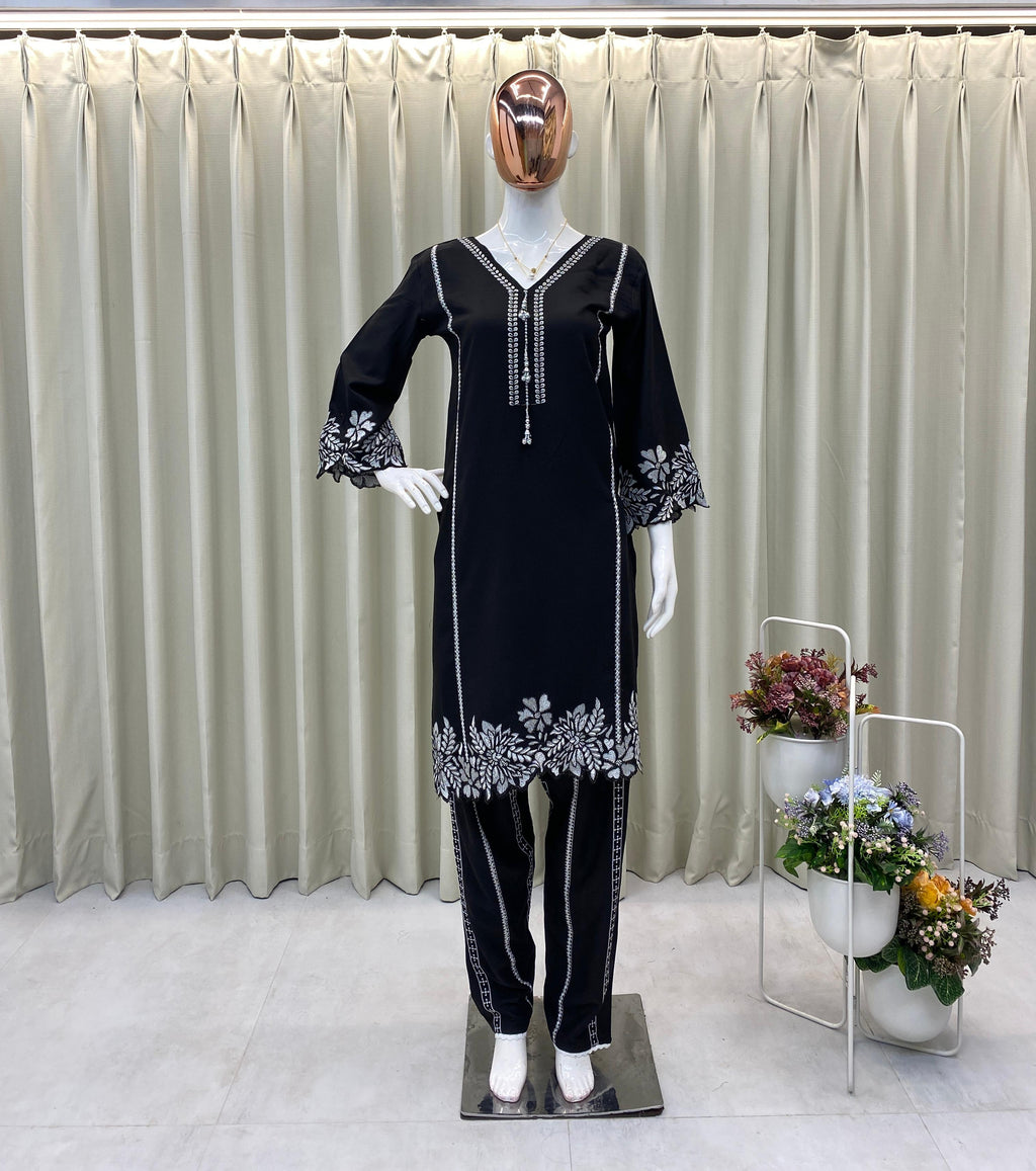 Ishani Black Chikan Embroidery Kurti Pant Set