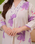 Off White Floral Printed Cotton Kurta and Palazzo Set