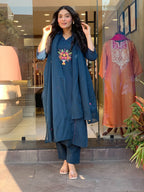 Blue Embroidered Cotton Flex Kurta and Pant Set with Dupatta