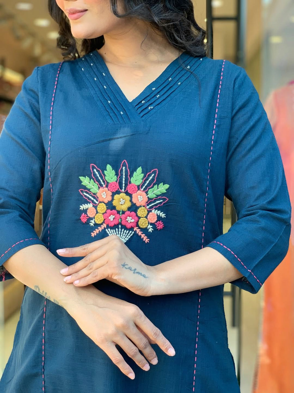 Blue Embroidered Cotton Flex Kurta and Pant Set with Dupatta