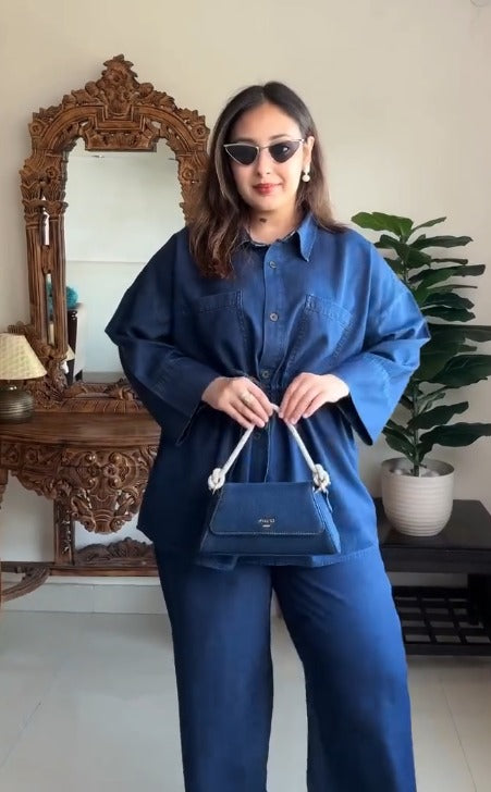 Navy Blue Drawstring Detail Denim Co-Ord