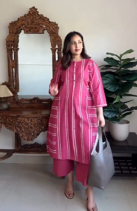Cotton Dabu Handblock Striped Printed Kurta Set