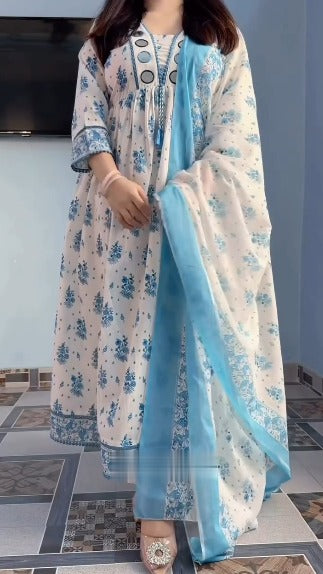 Sky Bloom Floral 3-Piece Kurta Set
