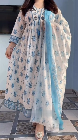 Sky Bloom Floral 3-Piece Kurta Set