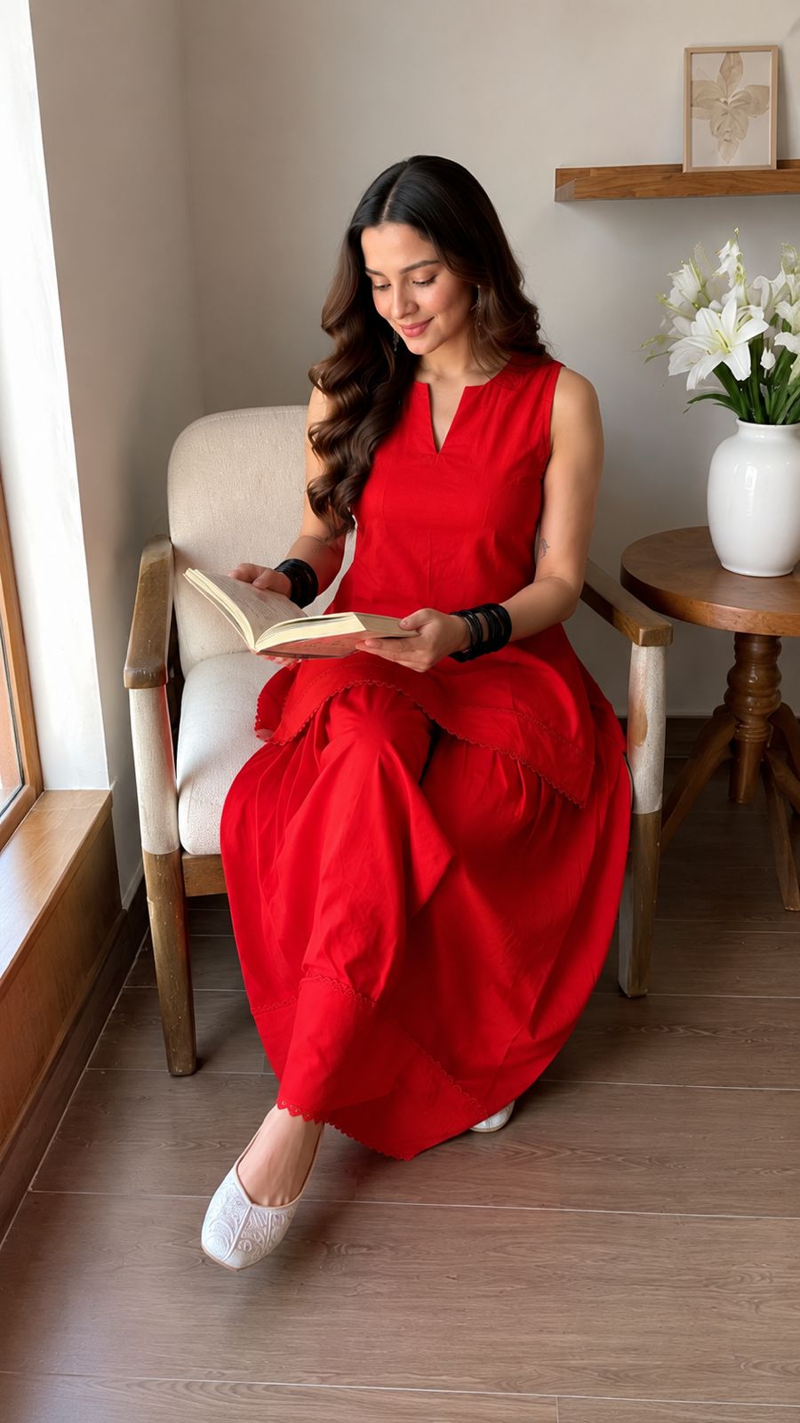 Scarlet Red Lace Trim Farshi Salwar Set