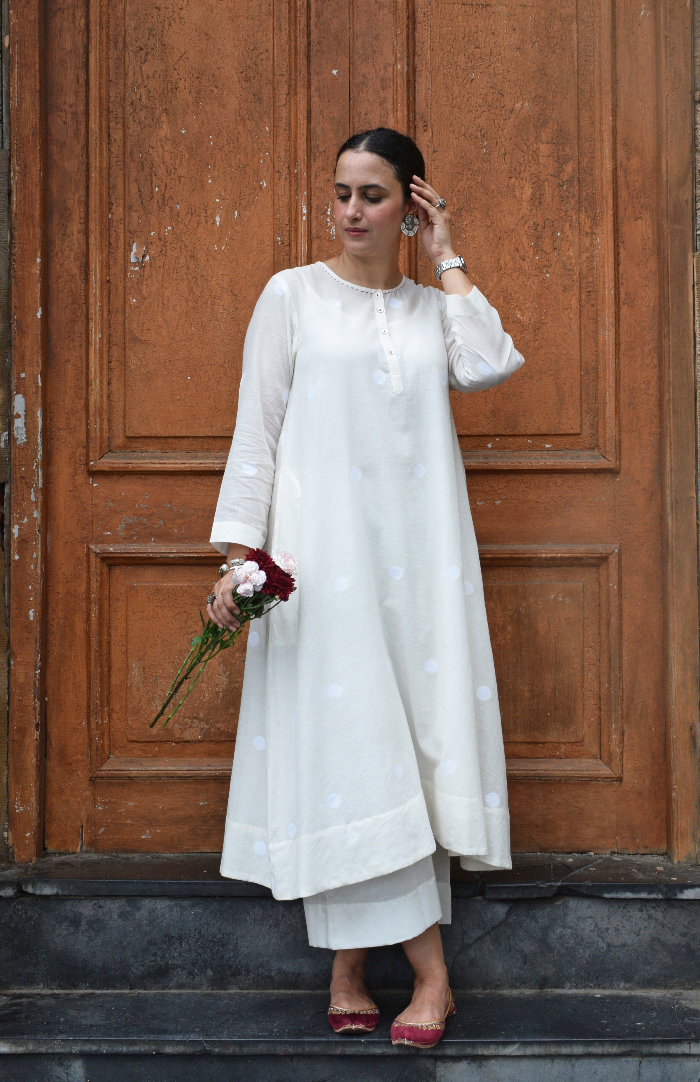 Off White Jamdani Polka dot Kurta with Off White Pyjama