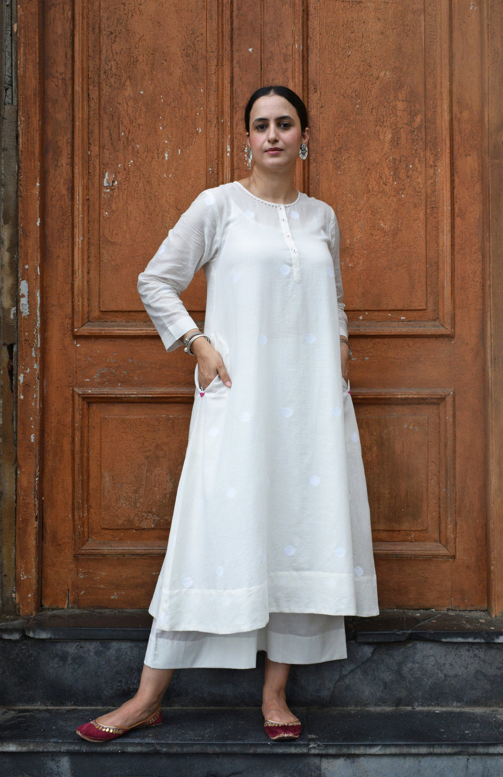 Off White Jamdani Polka dot Kurta with Off White Pyjama
