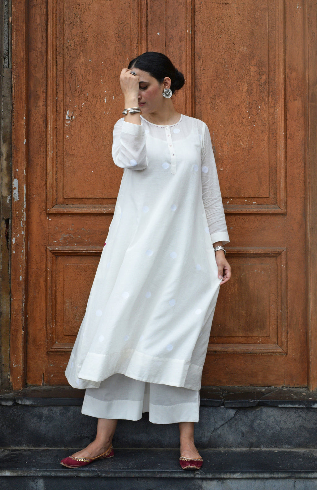 Off White Jamdani Polka dot Kurta with Off White Pyjama