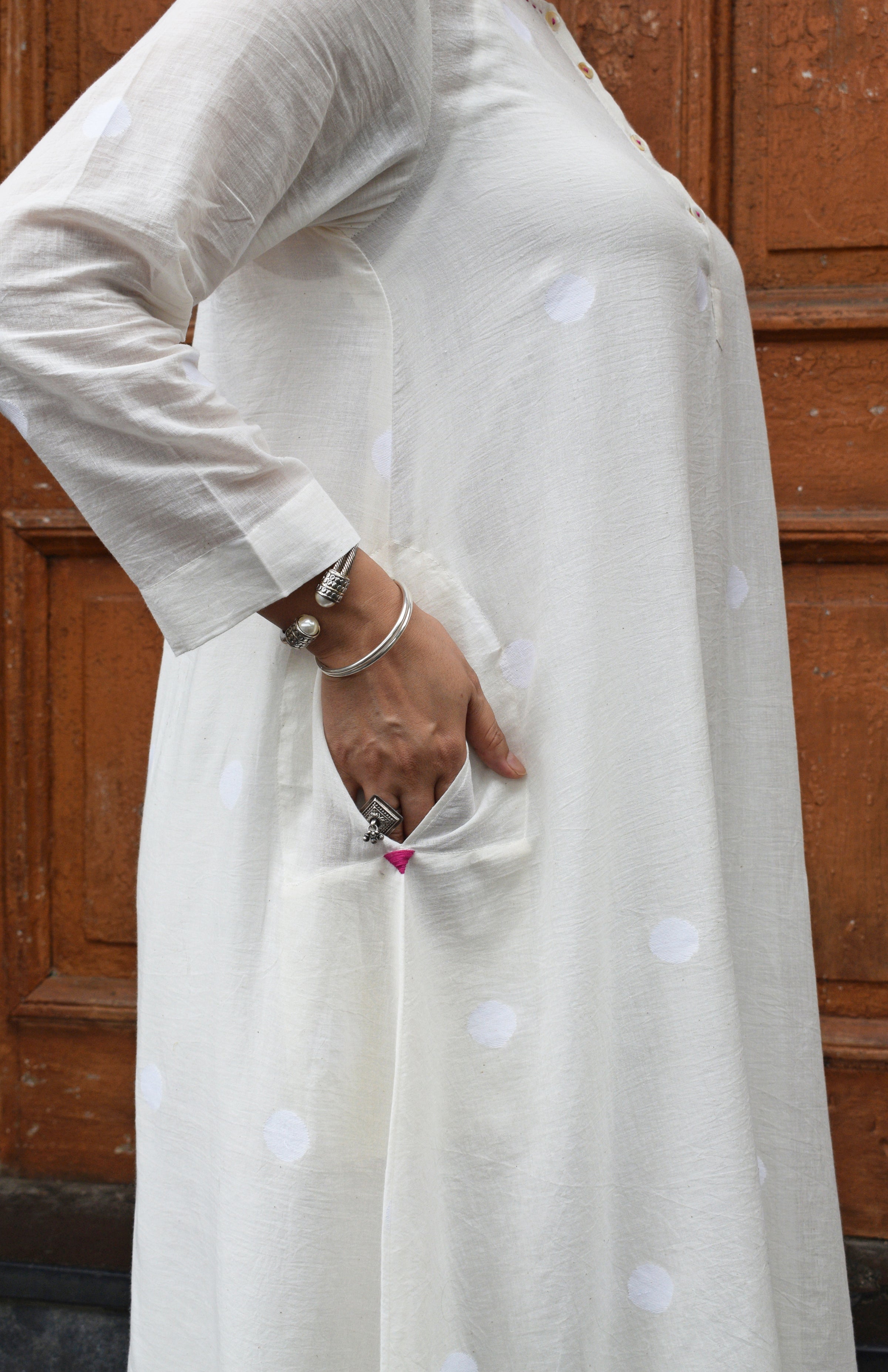 Off White Jamdani Polka dot Kurta with Off White Pyjama
