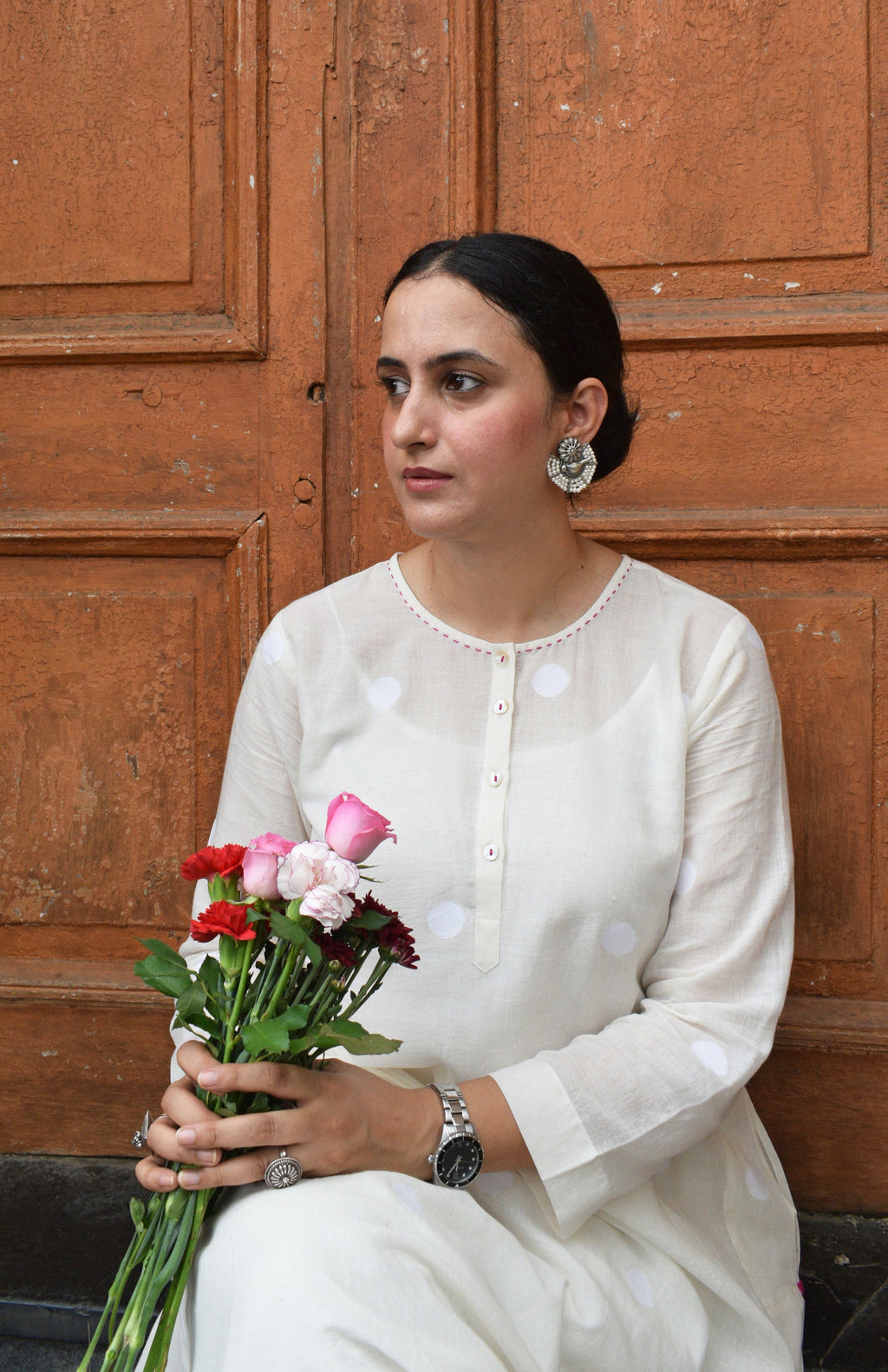 Off White Jamdani Polka dot Kurta with Off White Pyjama