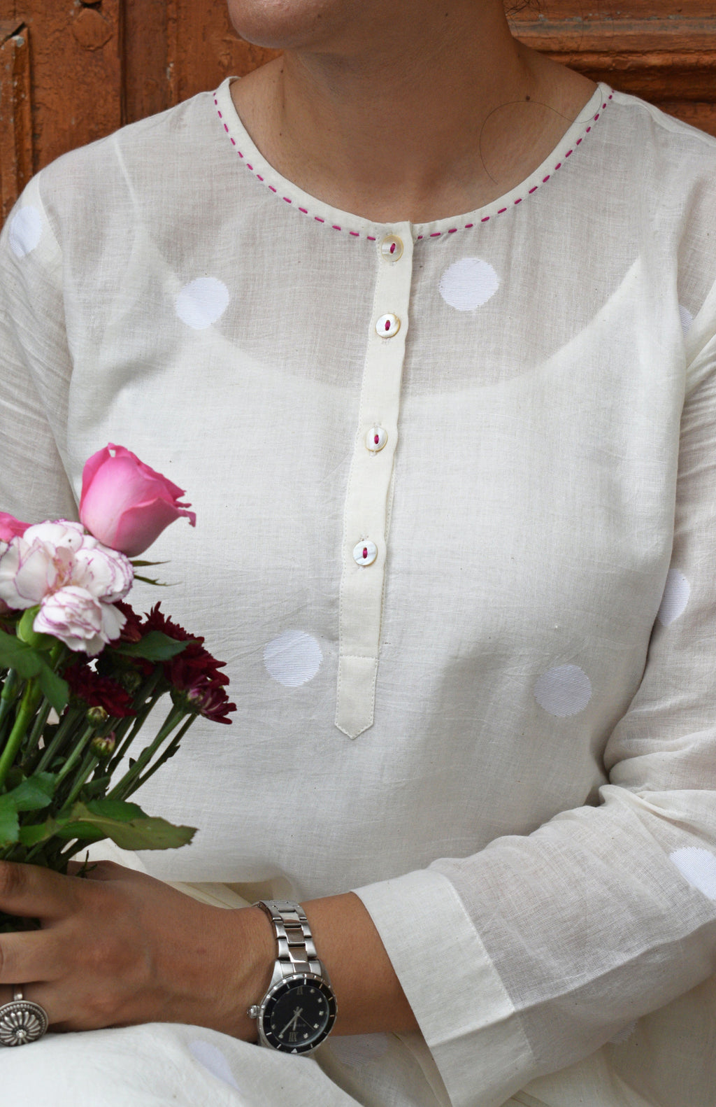Off White Jamdani Polka dot Kurta with Off White Pyjama