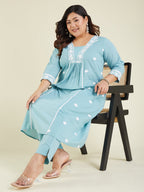 Niva's Women's Plus Size Light Blue Pure Cotton Embroidered A-line Kurta Pant Set
