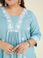 Niva's Women's Plus Size Light Blue Pure Cotton Embroidered A-line Kurta Pant Set