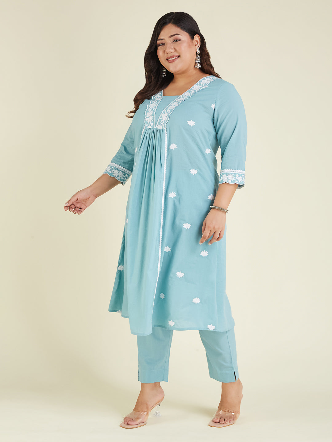 Niva's Women's Plus Size Light Blue Pure Cotton Embroidered A-line Kurta Pant Set