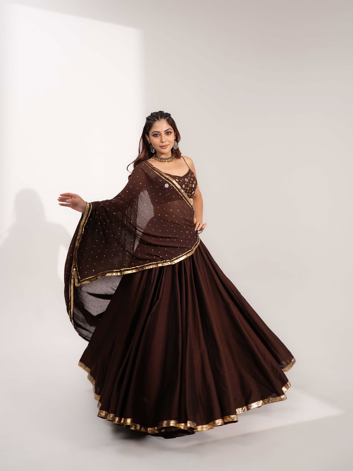 Chocolate Brown Mirror Work With Flared Lehenga & Dupatta Set