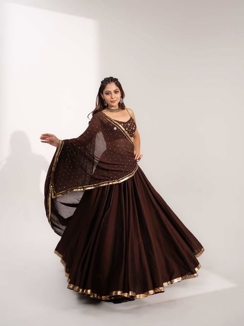 Chocolate Brown Mirror Work With Flared Lehenga & Dupatta Set