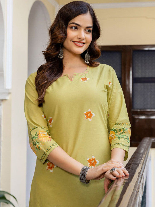 Green Printed Pure Cotton Straight Kurta Trouser Set