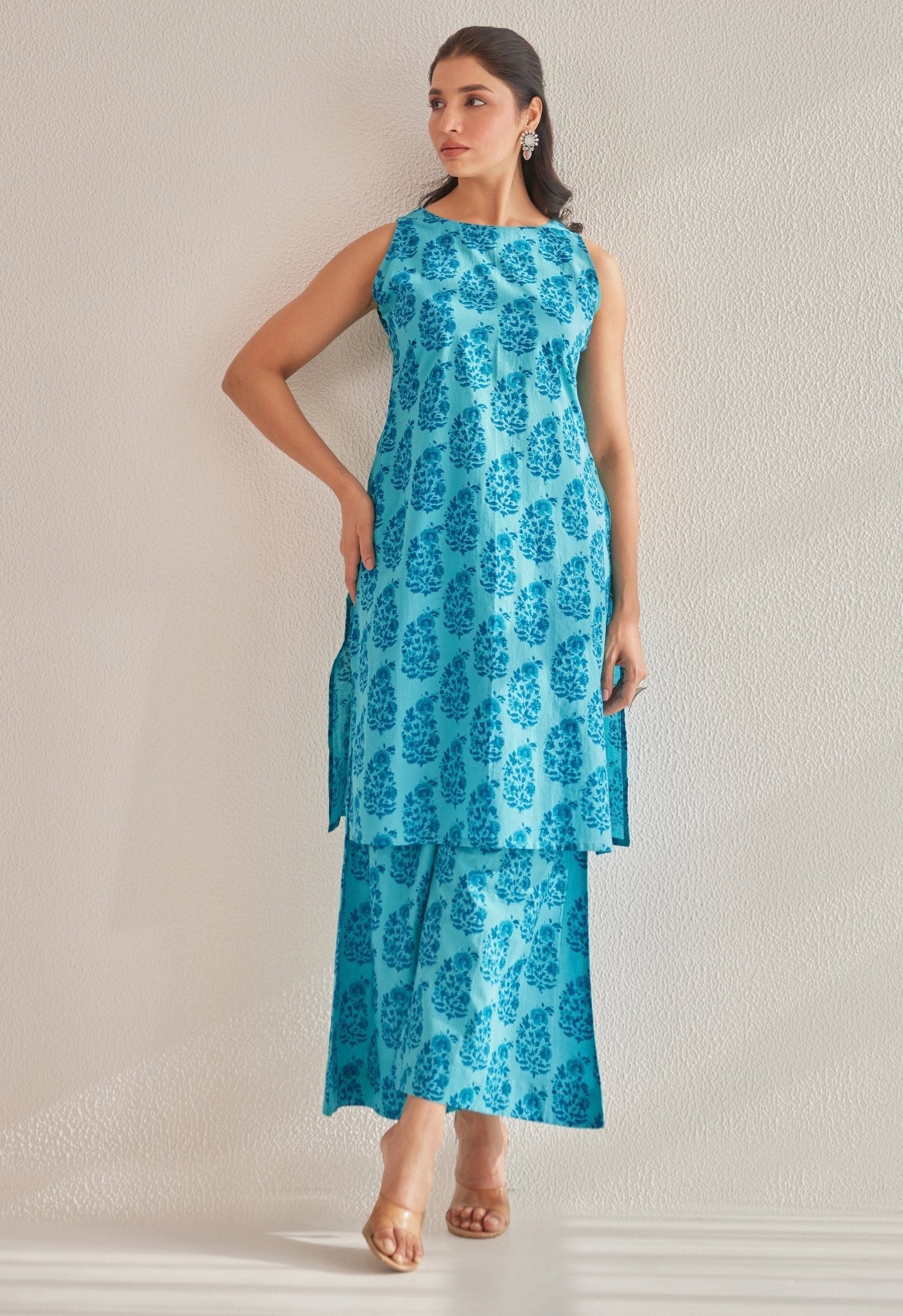 Blue  Sleeveless floral Buta Hand Block Printed Coord Set