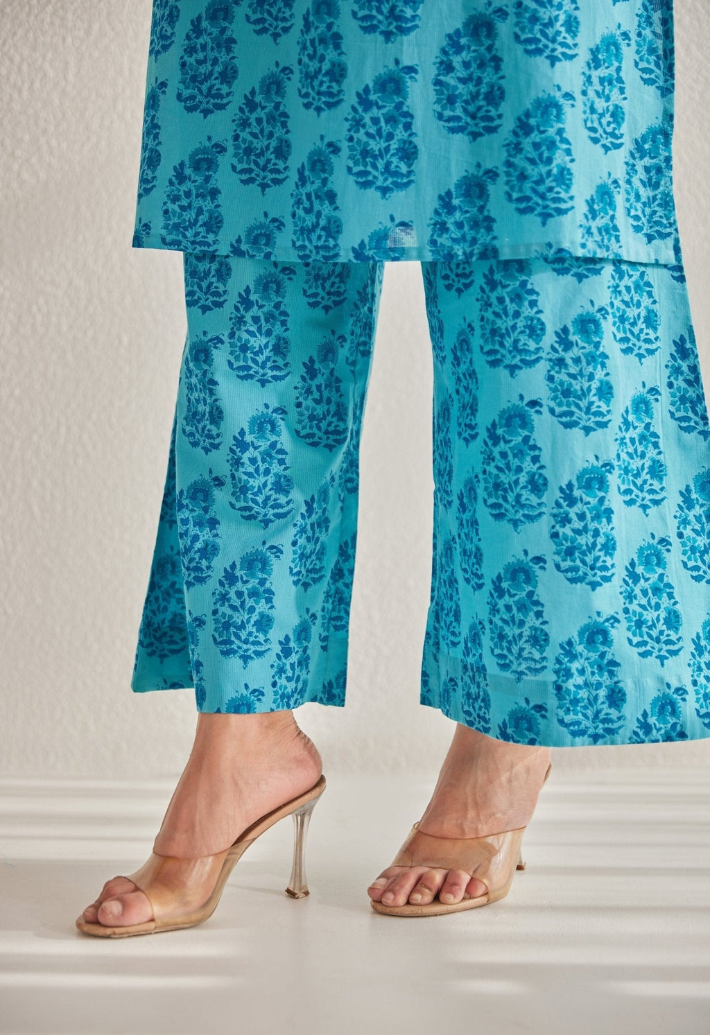 Blue  Sleeveless floral Buta Hand Block Printed Coord Set