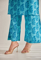 Blue  Sleeveless floral Buta Hand Block Printed Coord Set