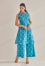 Blue  Sleeveless floral Buta Hand Block Printed Coord Set