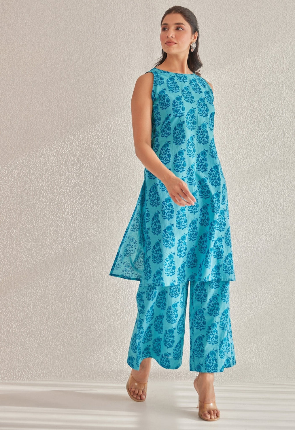 Blue  Sleeveless floral Buta Hand Block Printed Coord Set