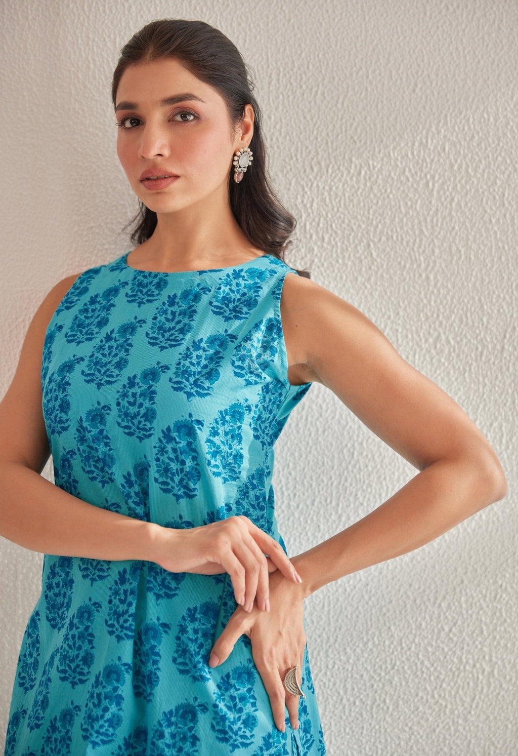 Blue  Sleeveless floral Buta Hand Block Printed Coord Set