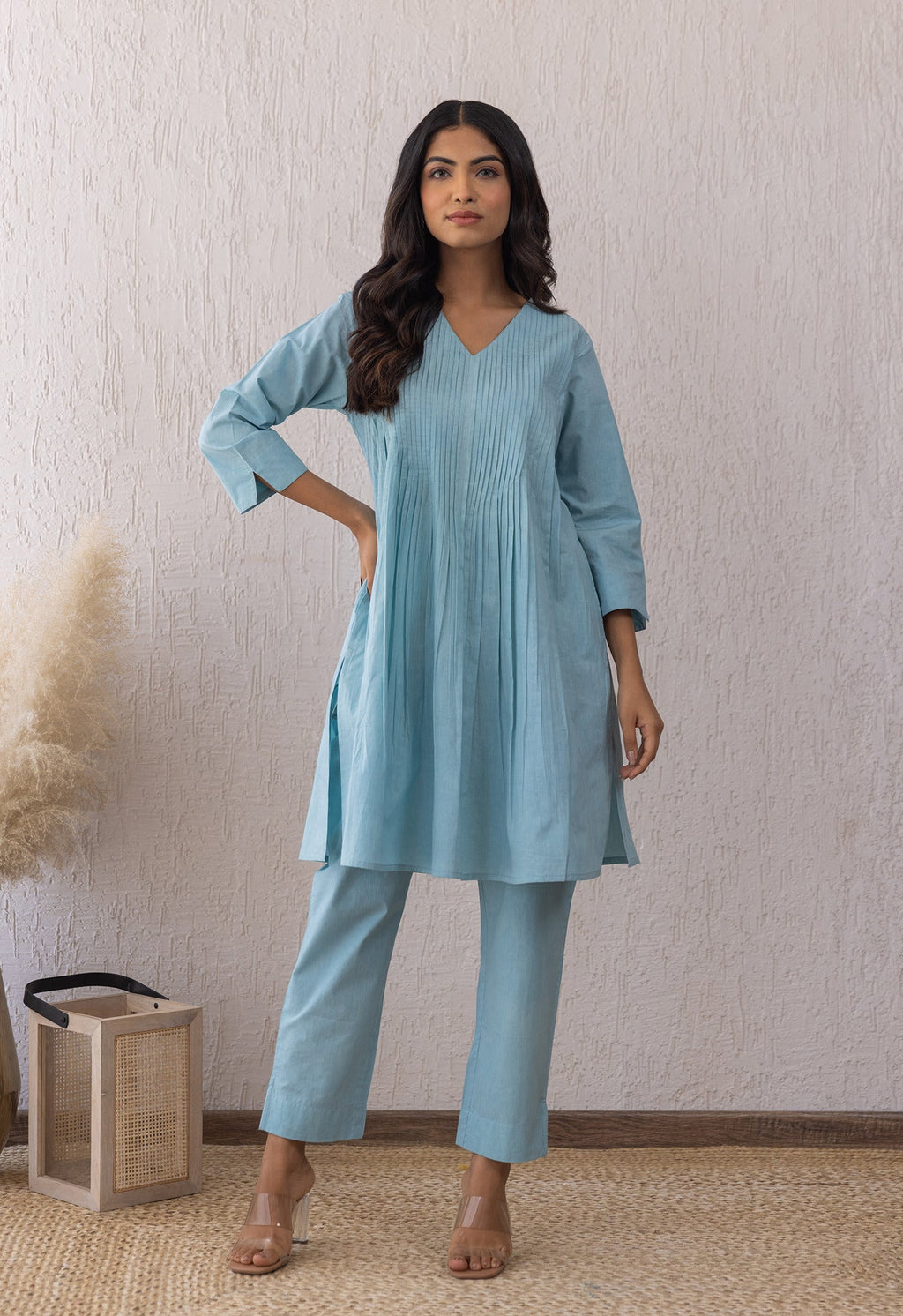 BLUE SOLID PINTUCKS COORD SET