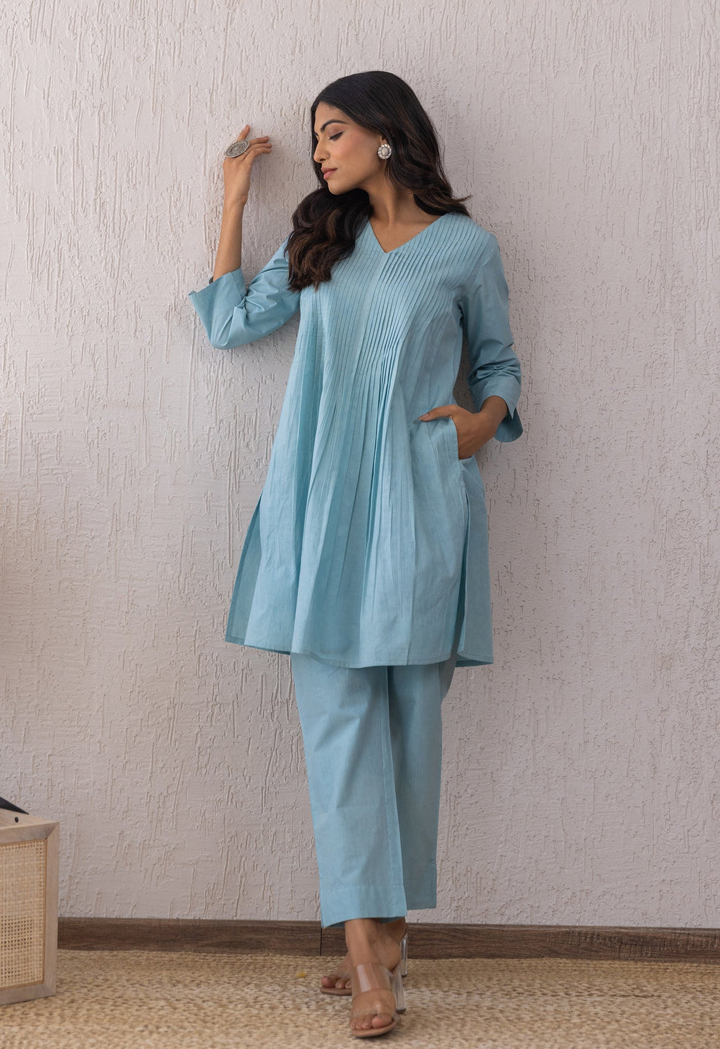 BLUE SOLID PINTUCKS COORD SET