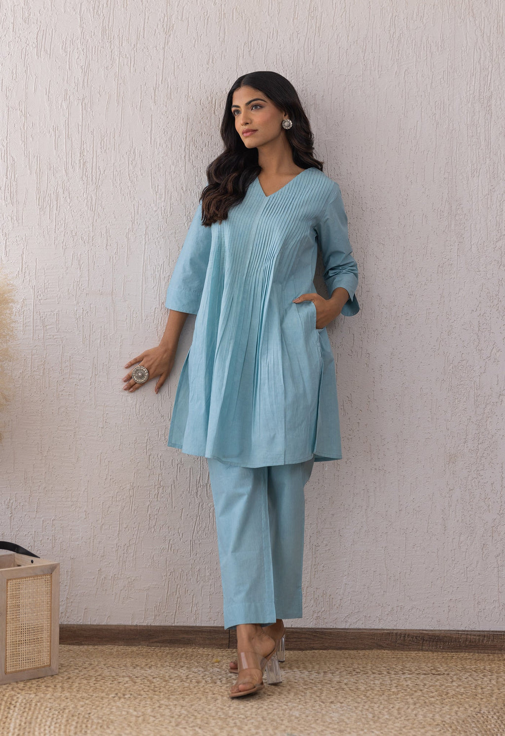 BLUE SOLID PINTUCKS COORD SET
