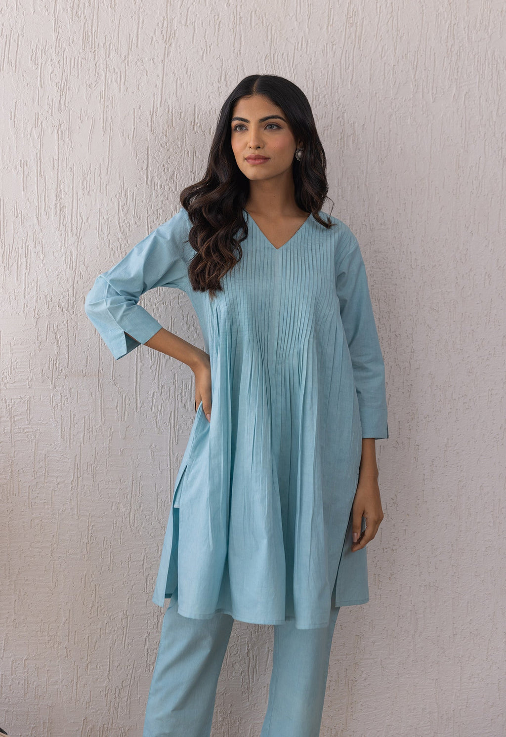 BLUE SOLID PINTUCKS COORD SET
