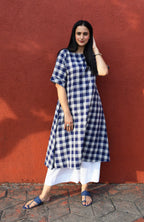 Blue and White Checks Kurta Set in handwoven checks and White Pyjama
