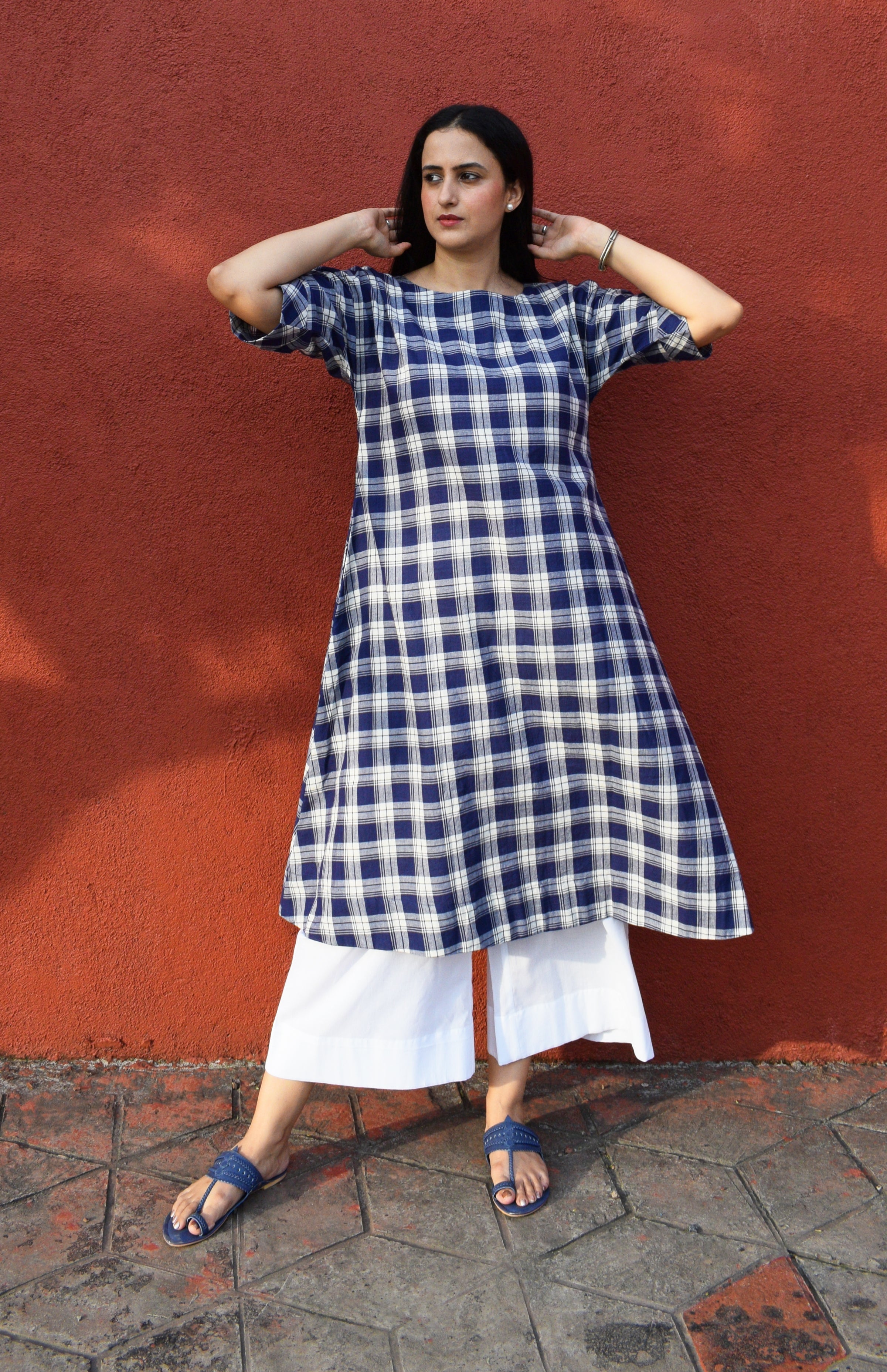 Blue and White Checks Kurta Set in handwoven checks and White Pyjama