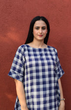 Blue and White Checks Kurta Set in handwoven checks and White Pyjama