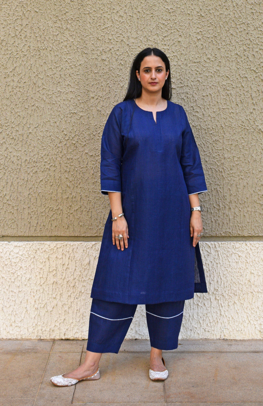 Dark blue linen straight fit paneled kurta
