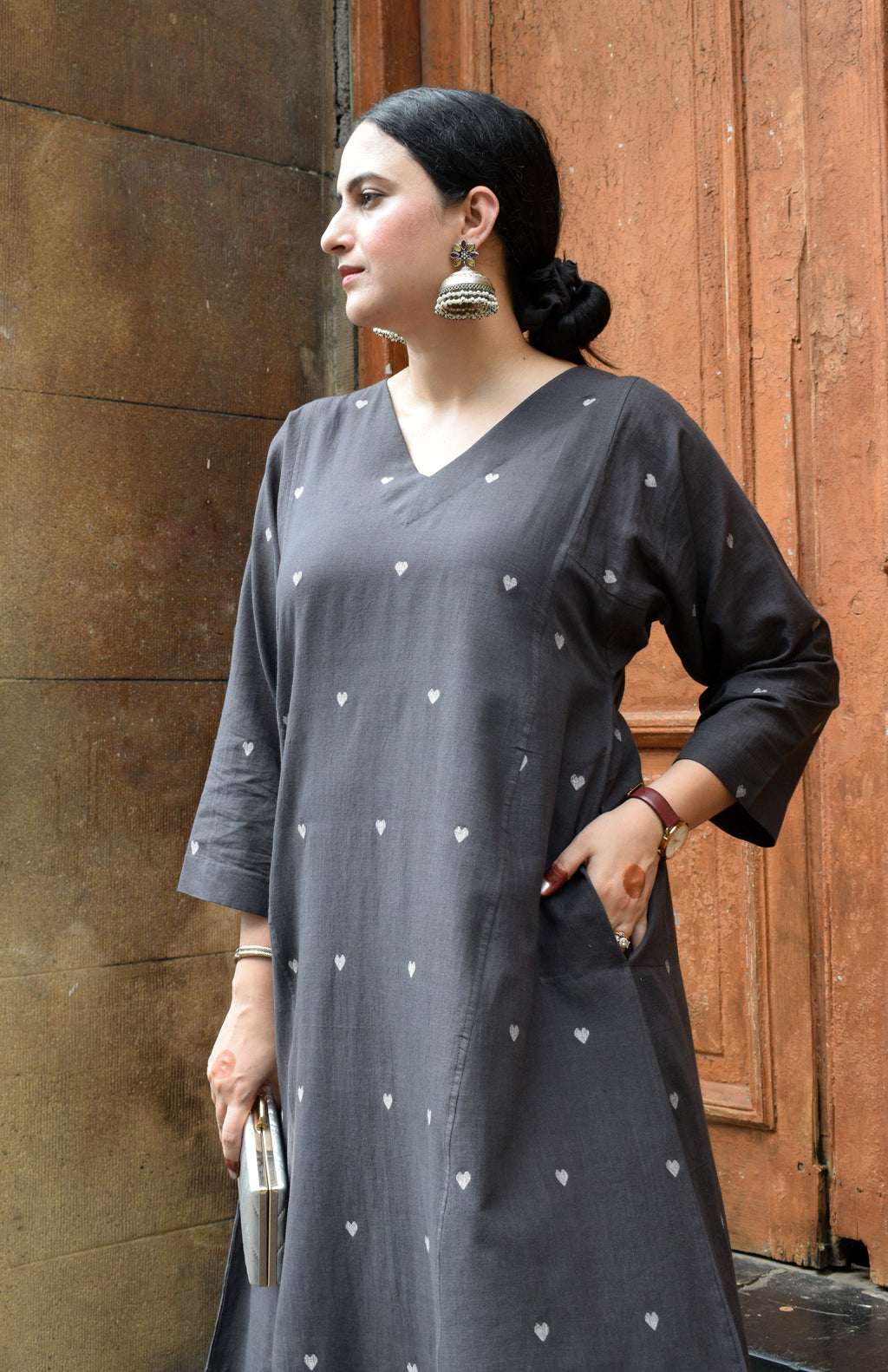 Charcoal Jamdani Phiran with Maroon Pyjama