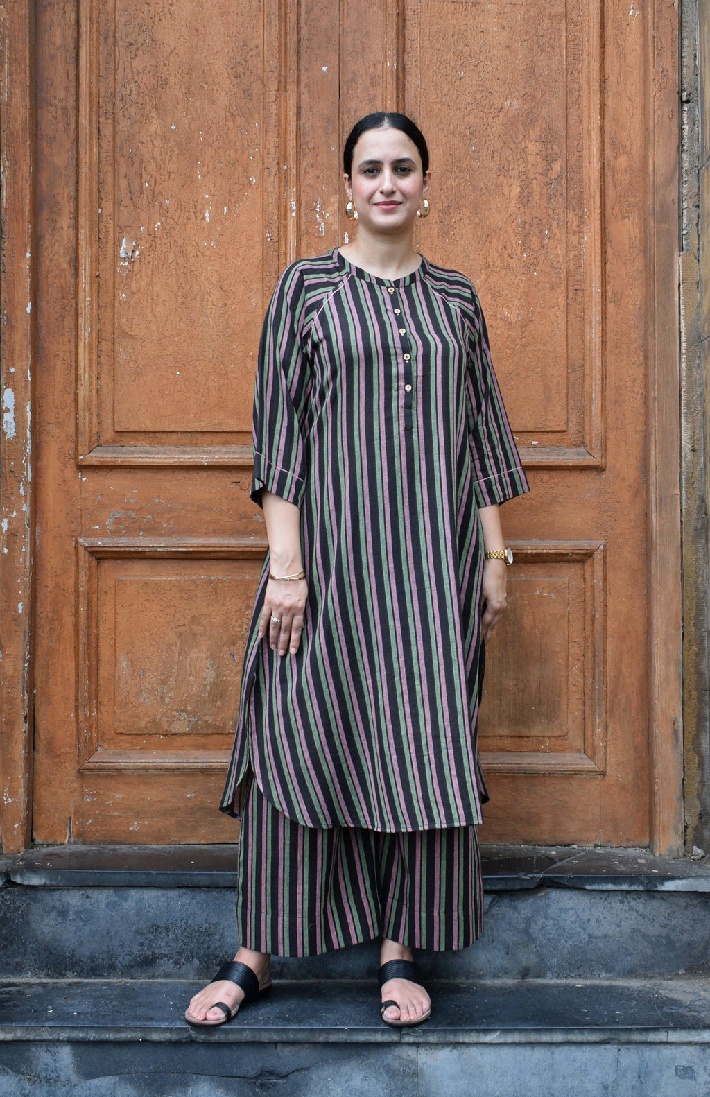 Charcoal Handwoven Striped Co-ord set with Raglan Sleeves and Wide Legged Pyjama