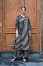Charcoal Handwoven Striped Co-ord set with Raglan Sleeves and Wide Legged Pyjama