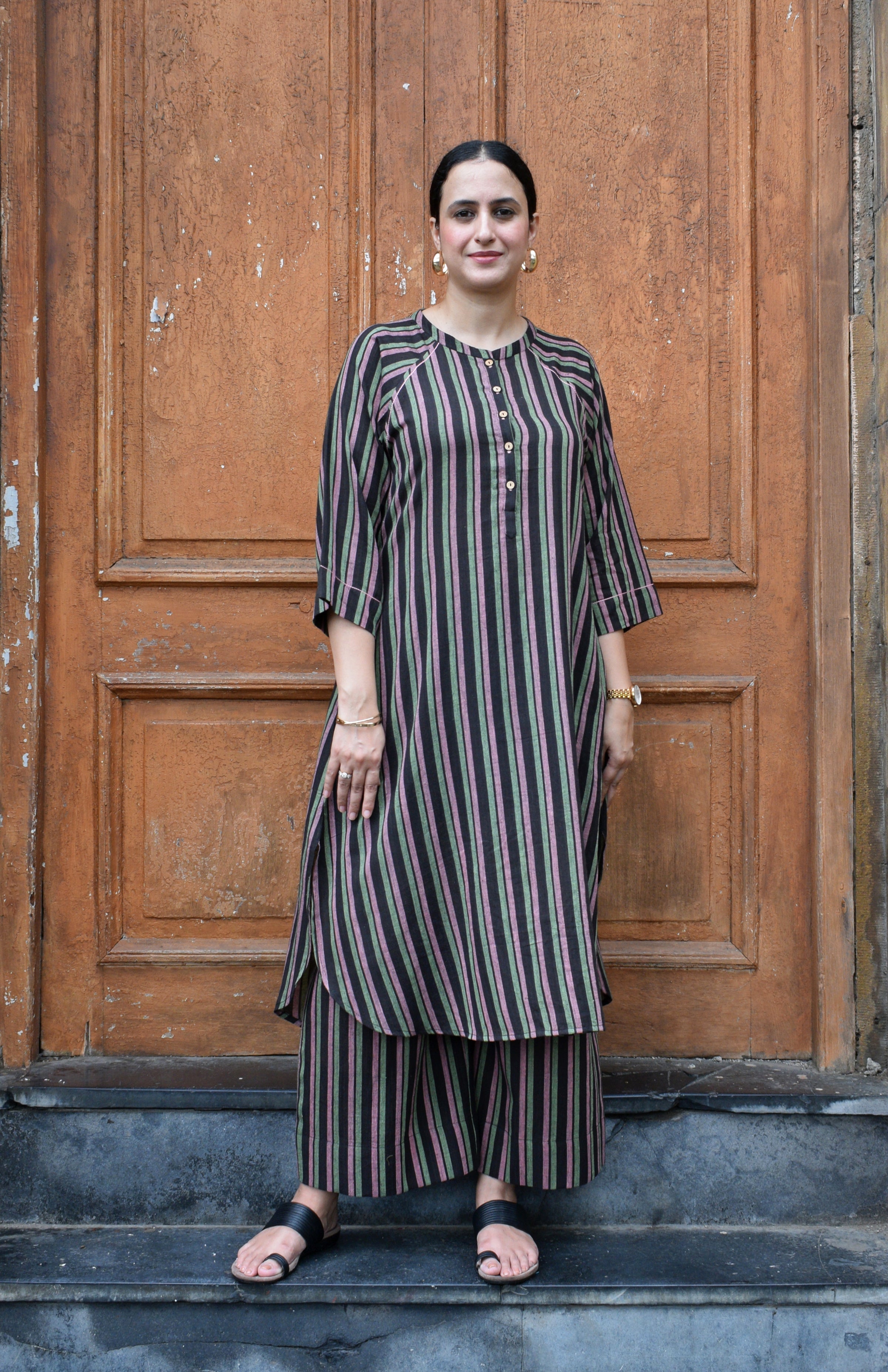 Charcoal Handwoven Striped Co-ord set with Raglan Sleeves and Wide Legged Pyjama