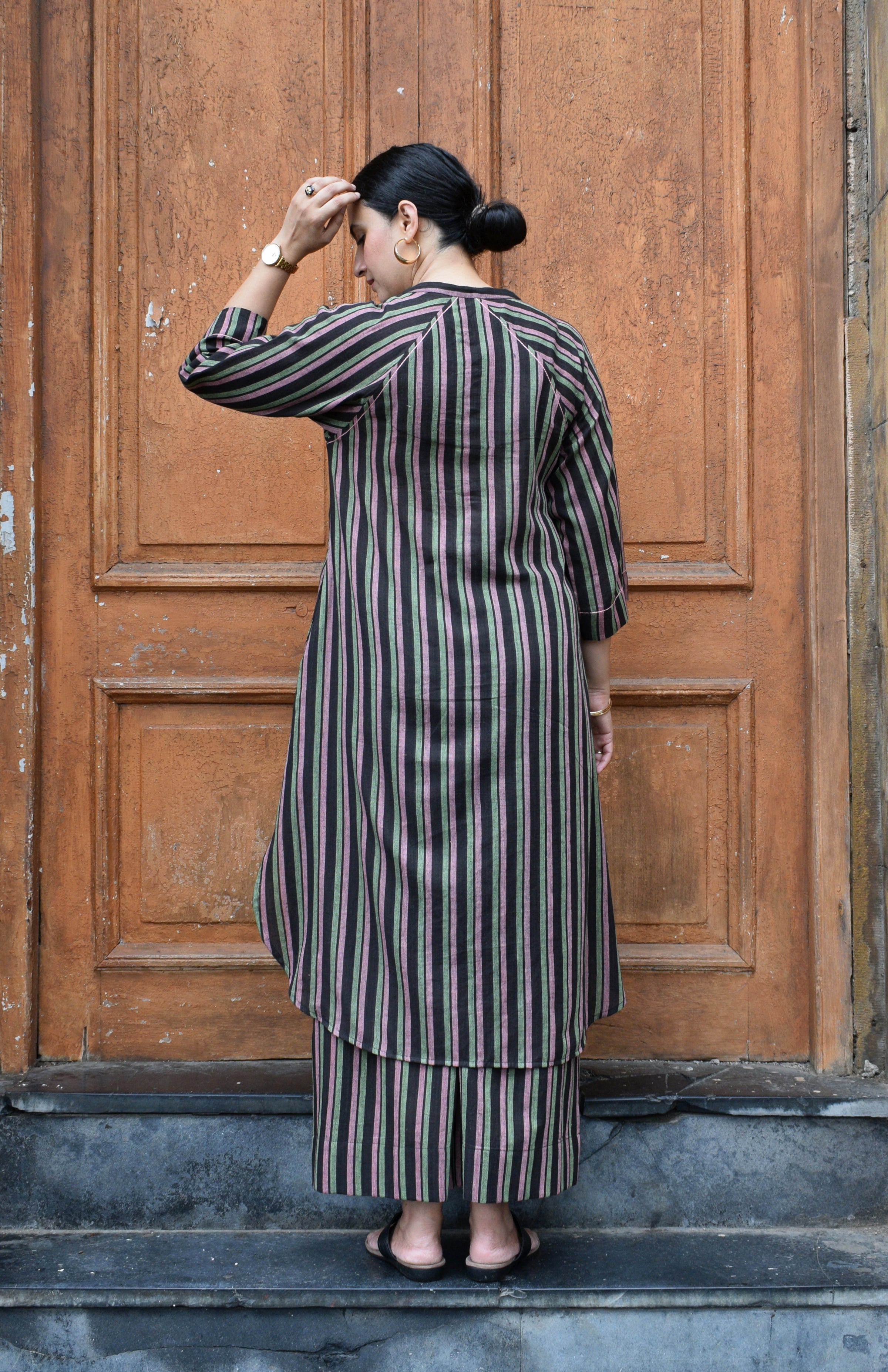 Charcoal Handwoven Striped Co-ord set with Raglan Sleeves and Wide Legged Pyjama