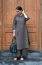 Charcoal Handwoven Striped Co-ord set with Raglan Sleeves and Wide Legged Pyjama