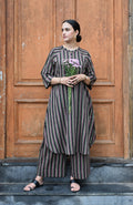 Charcoal Handwoven Striped Co-ord set with Raglan Sleeves and Wide Legged Pyjama