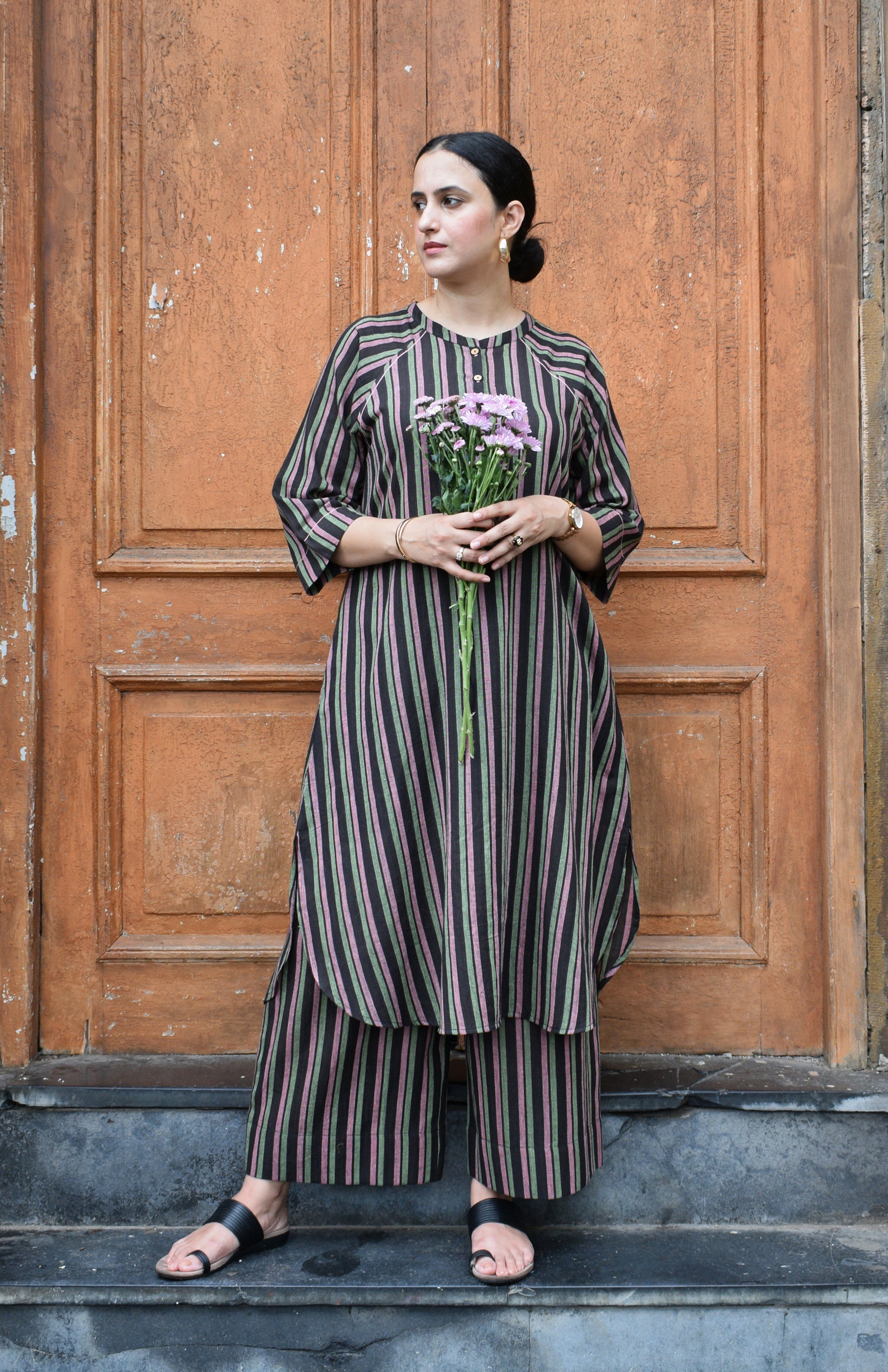 Charcoal Handwoven Striped Co-ord set with Raglan Sleeves and Wide Legged Pyjama