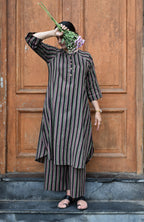 Charcoal Handwoven Striped Co-ord set with Raglan Sleeves and Wide Legged Pyjama