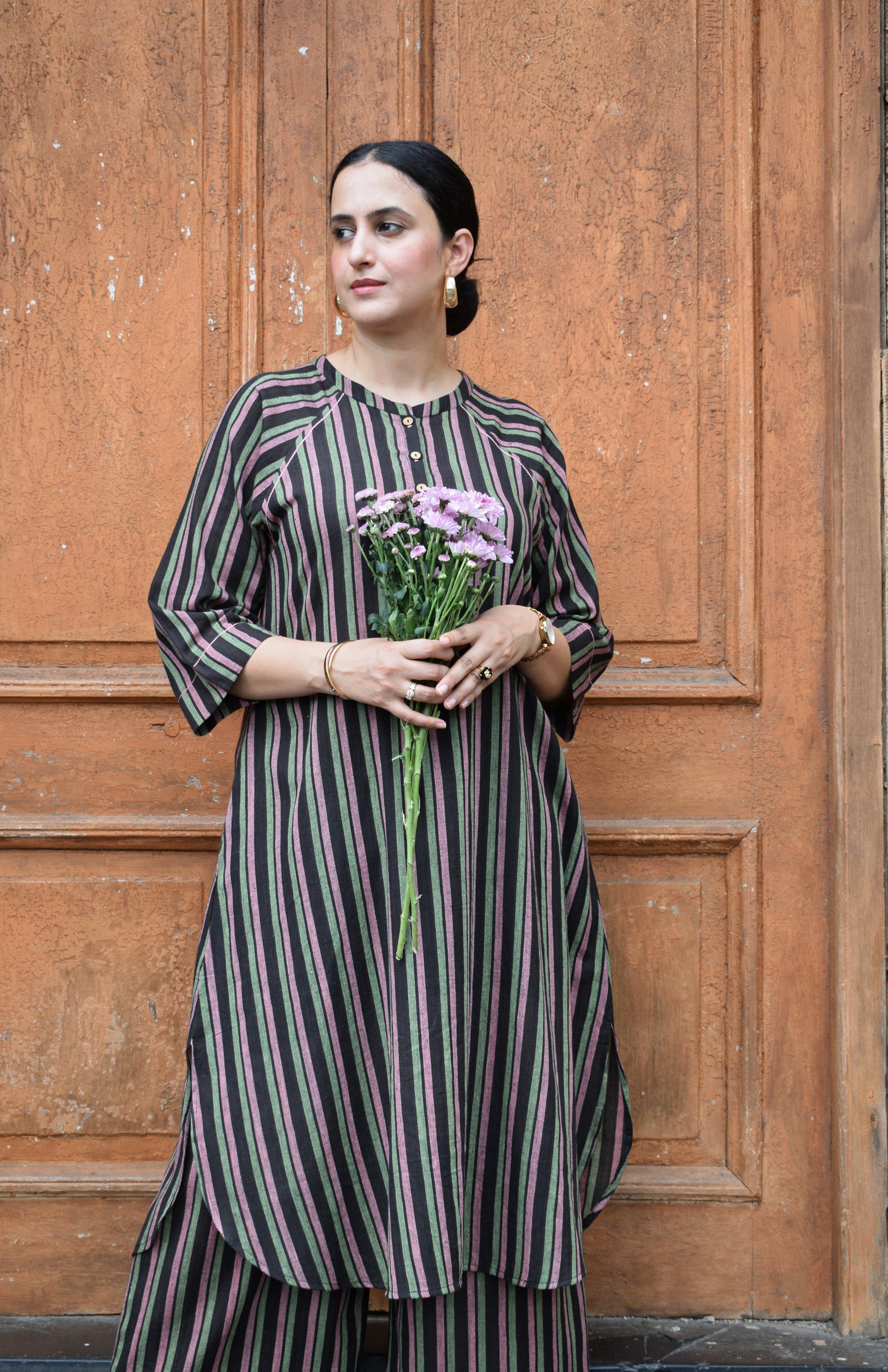 Charcoal Handwoven Striped Co-ord set with Raglan Sleeves and Wide Legged Pyjama