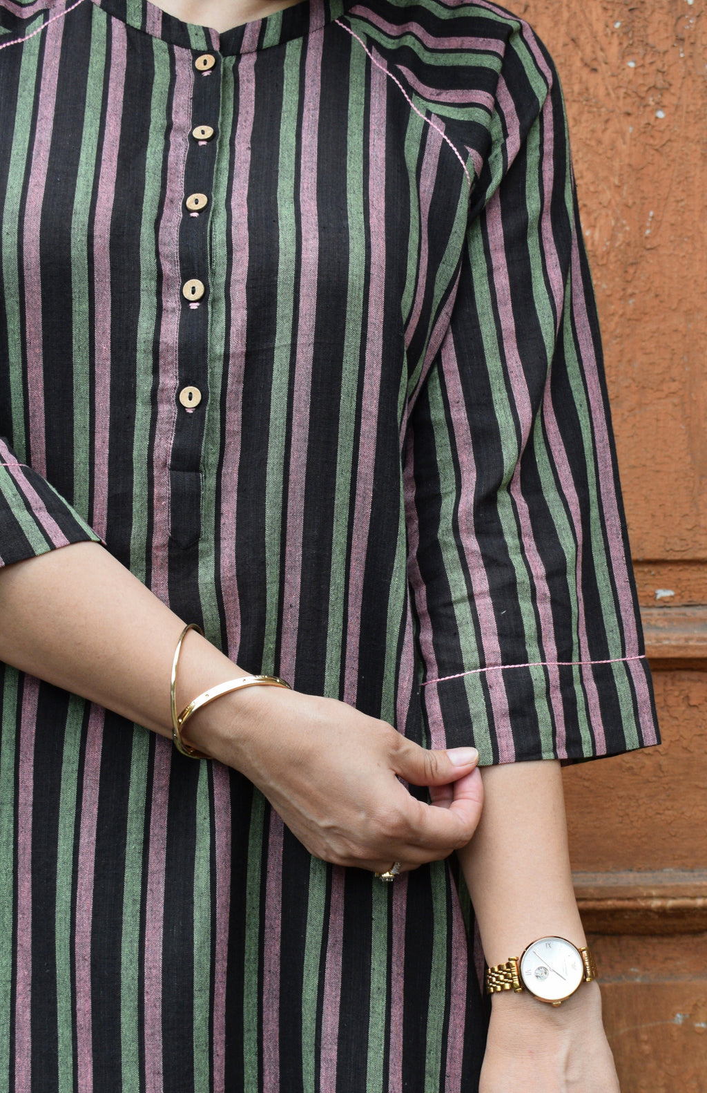 Charcoal Handwoven Striped Co-ord set with Raglan Sleeves and Wide Legged Pyjama