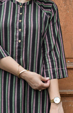 Charcoal Handwoven Striped Co-ord set with Raglan Sleeves and Wide Legged Pyjama