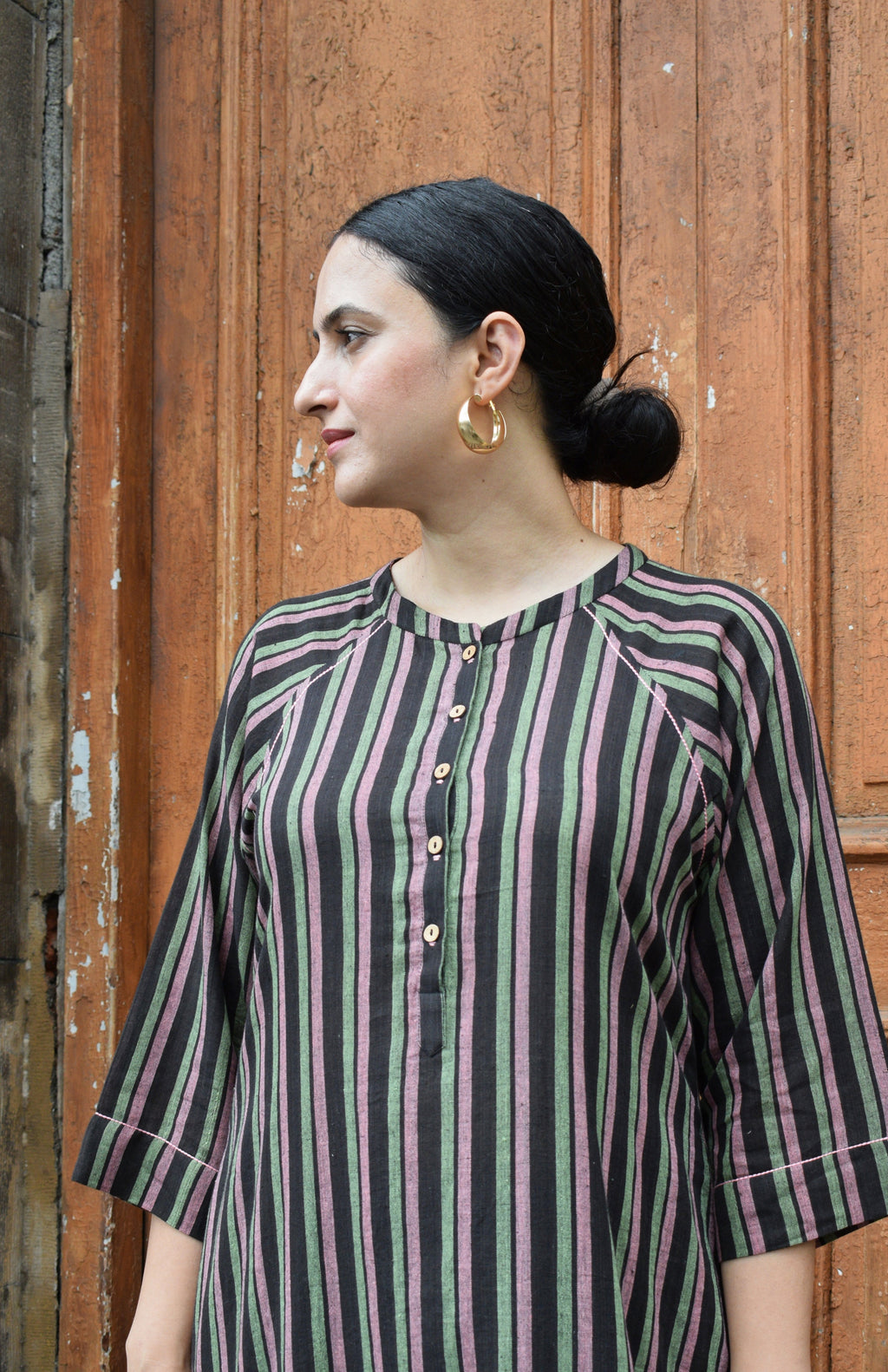 Charcoal Handwoven Striped Co-ord set with Raglan Sleeves and Wide Legged Pyjama